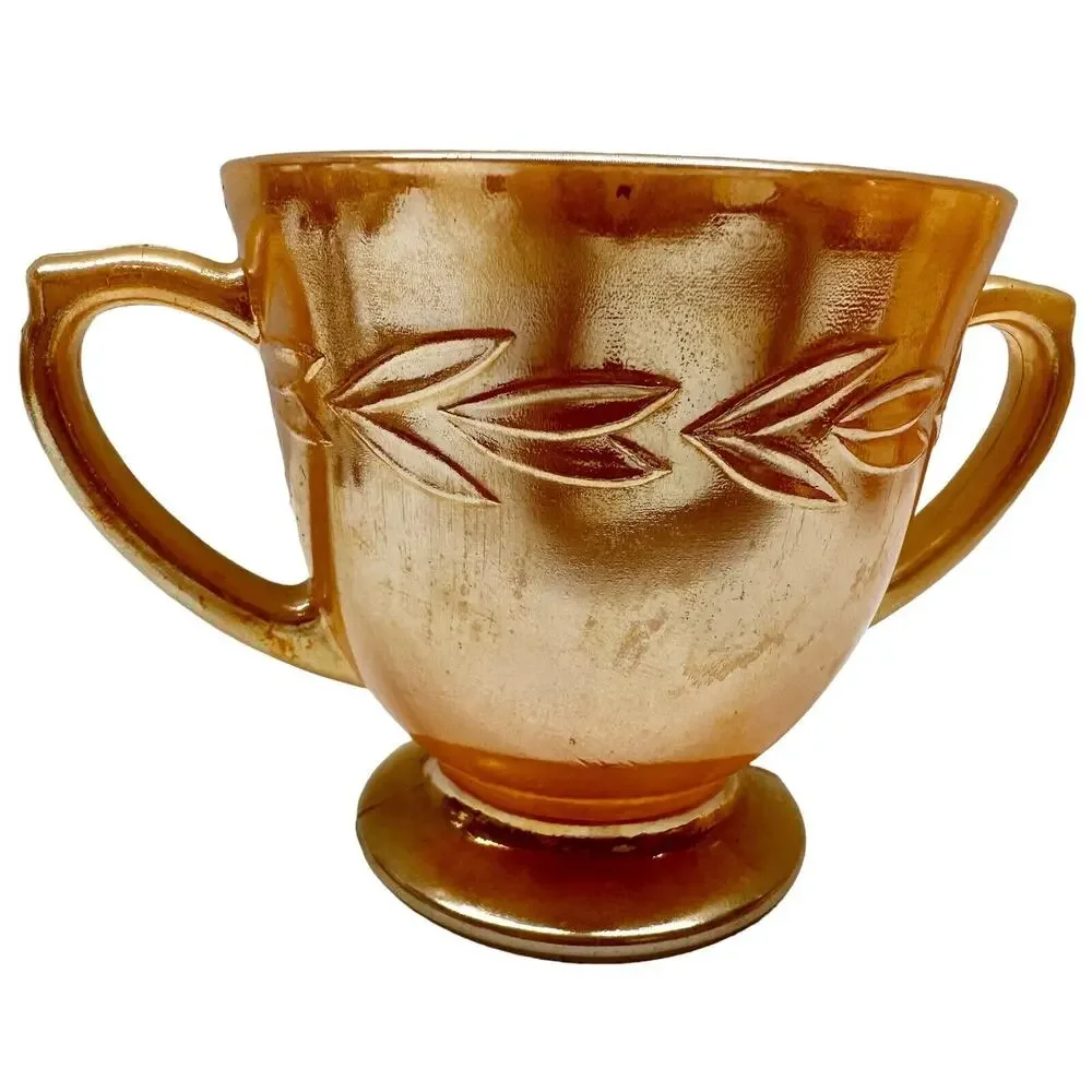 VTG Sugar Bowl Peach Lustre Laurel Leaf Anchor Hocking Fire-King Handles Cottage